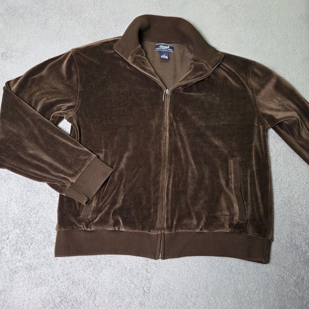 Roundtree & Yorke Mens M Track Jacket Brown Velour Full Zip Mock Neck Sport